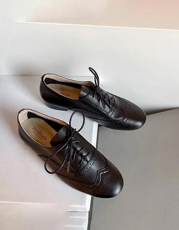 Soft Leather Brogue Carved Black Women's Oxford