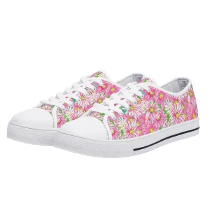 Springs Whisper: Watercolor Pink Daisies Dancing on a Lush Green Stage Womens Low Top Canvas Sneakers US5.5 - US12