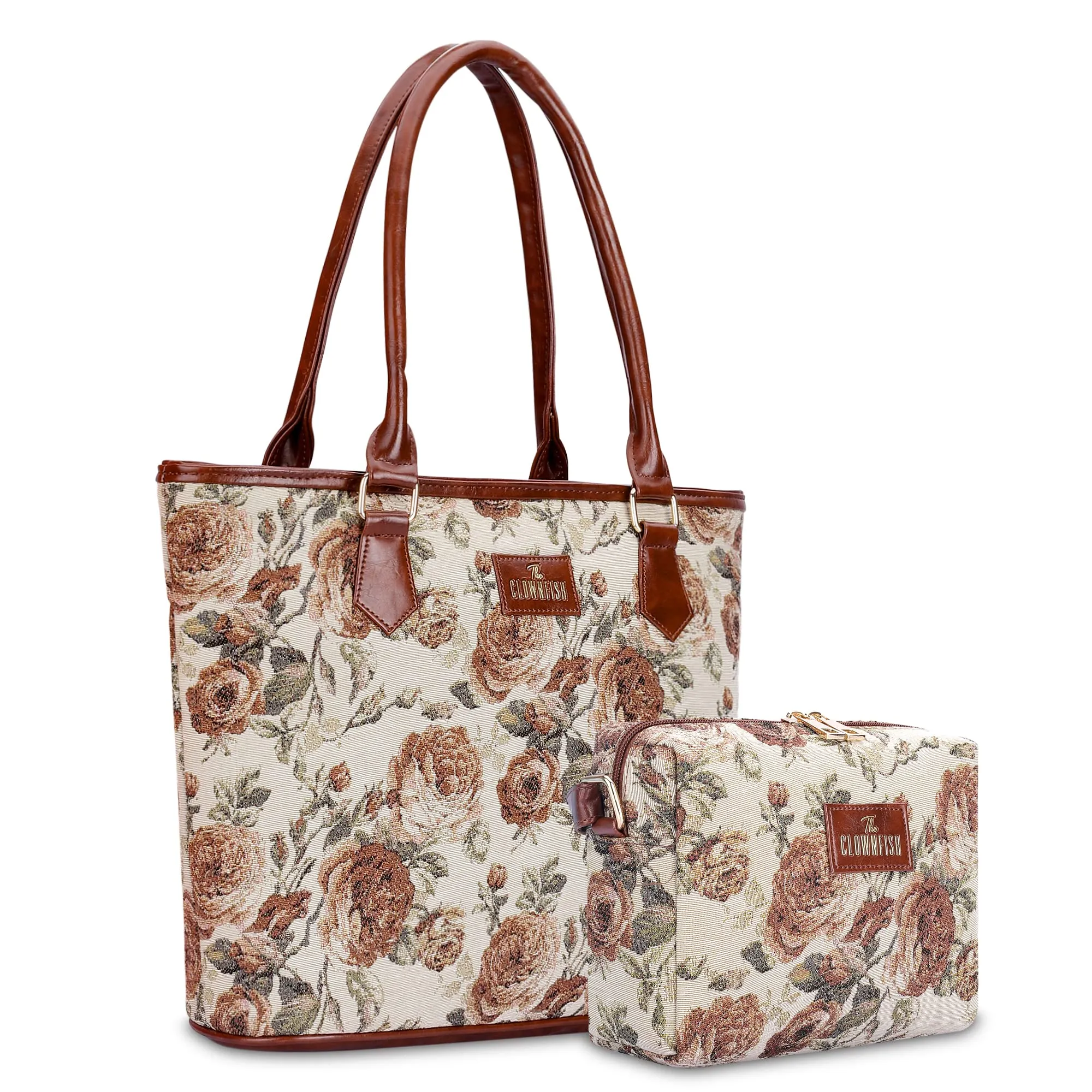 THE CLOWNFISH Combo Of Adelina Sling for Women Crossbody Bag for Ladies College Girls & Justina Tapestry Fabric & Faux Leather Handbag for Women (Brown-Floral)