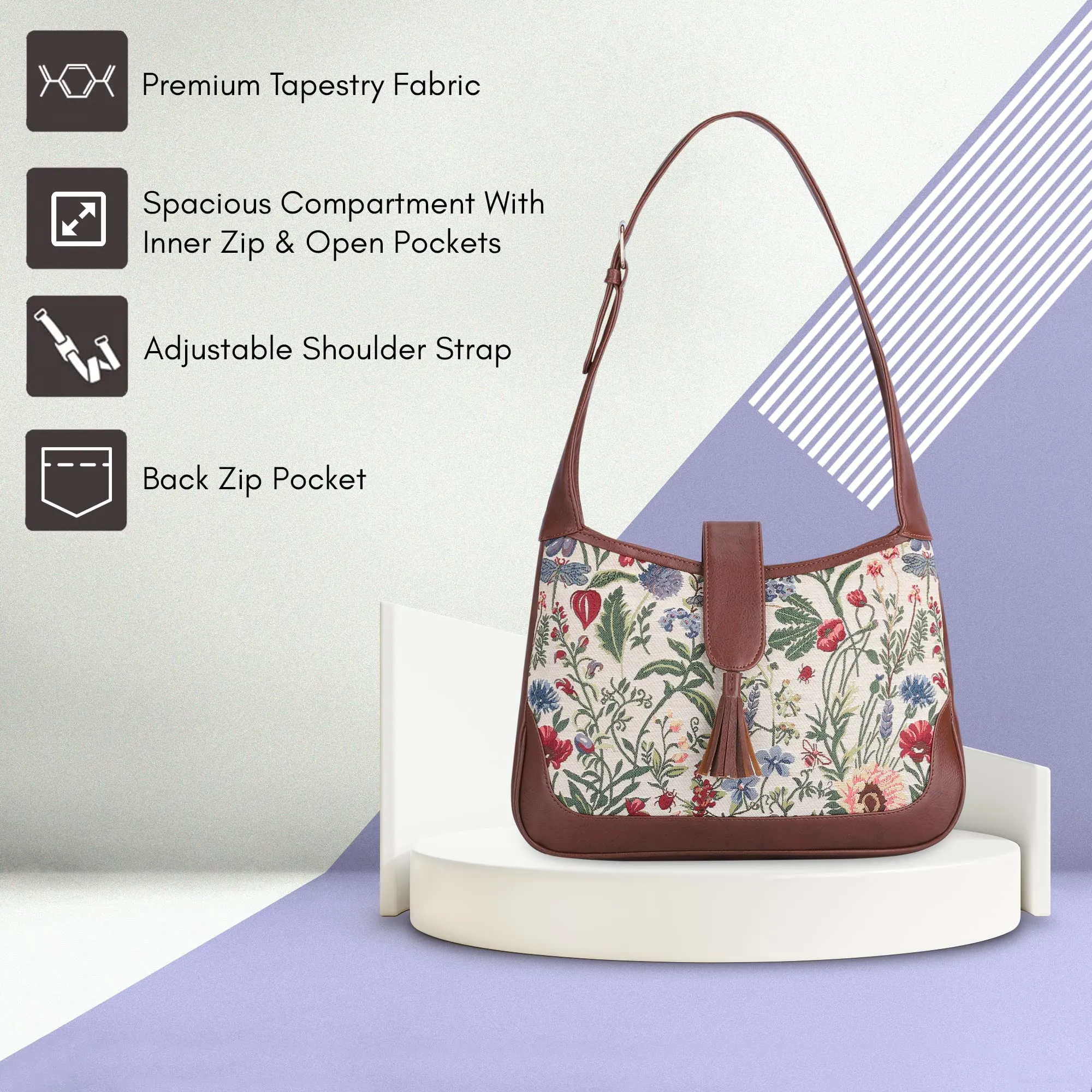 THE CLOWNFISH Womens Samantha Tapestry & Faux Leather Utility Handbag Office Bag Ladies Shoulder Bag Tote College Girls (Flax), Multicolor