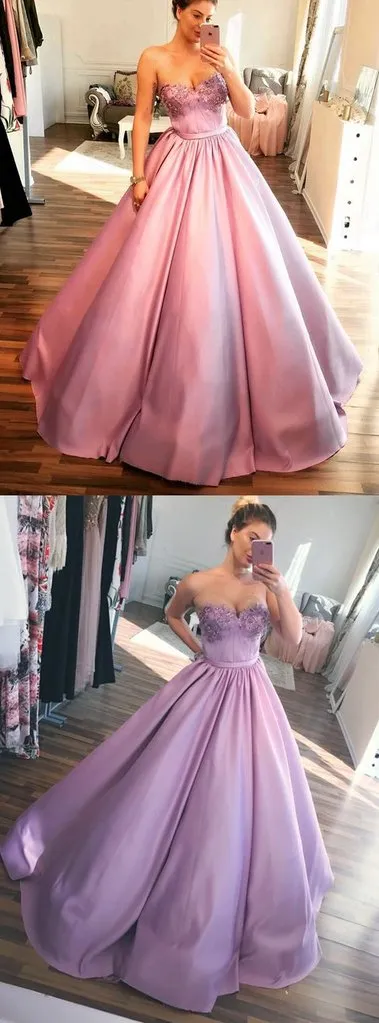 Unique Pink Sweetheart Modest Ball Gown Prom Dress With Beading PFP0060