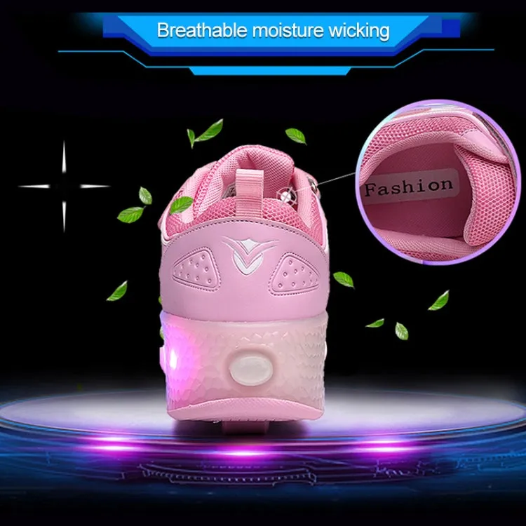 WS01 LED Light Ultra Light Mesh Surface Rechargeable Double Wheel Roller Skating Shoes Sport Shoes, Size : 36(Pink)
