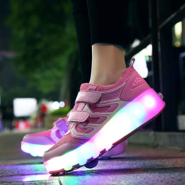 WS01 LED Light Ultra Light Mesh Surface Rechargeable Double Wheel Roller Skating Shoes Sport Shoes, Size : 36(Pink)